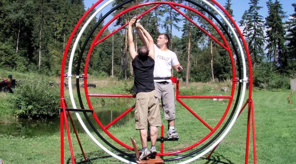 Konštrukcia a tri nezávislé kruhy, ktoré sa otáčajú v rôznych smeroch. Vhodná aktivita pre teambuilding.